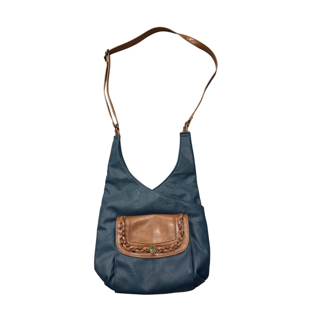 Gal Crossbody Bag Women OS Blue Tan Faux Leather‎ Braided Trim Adjustable Strap